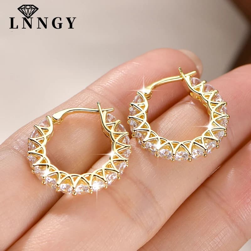 Orecchini a cerchio Lnngy in oro 14 carati con zirconi cubici scintillanti da 3 mm per donne, coppie, gioielli da matrimonio, regalo