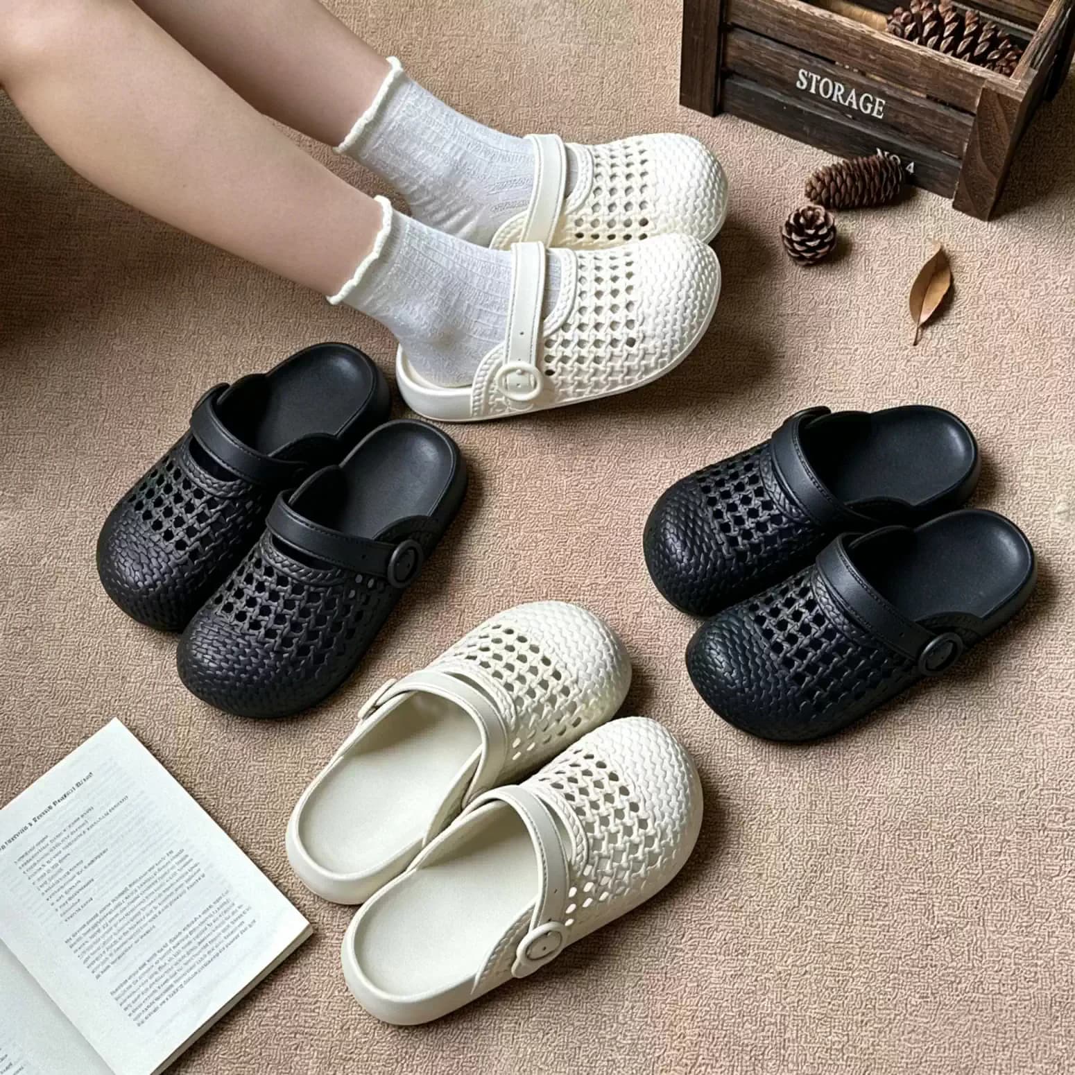 Summer Woven Hollow Women Slides Comfortable Breathable Outdoor Non Slip Eva Clogs Travel Beach Parent Child Sandals