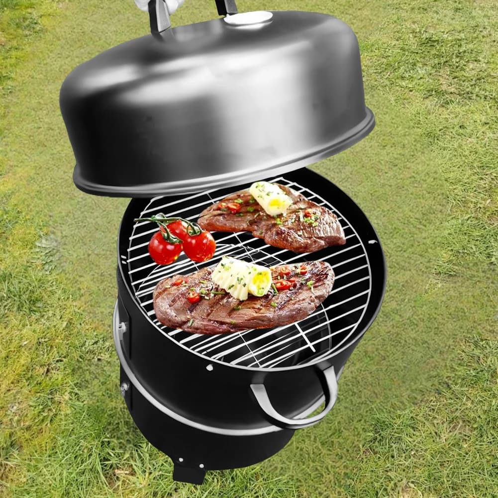 Vertical carbon smoker with integrated thermometer and 2 door access for parties, camping and open kitchen