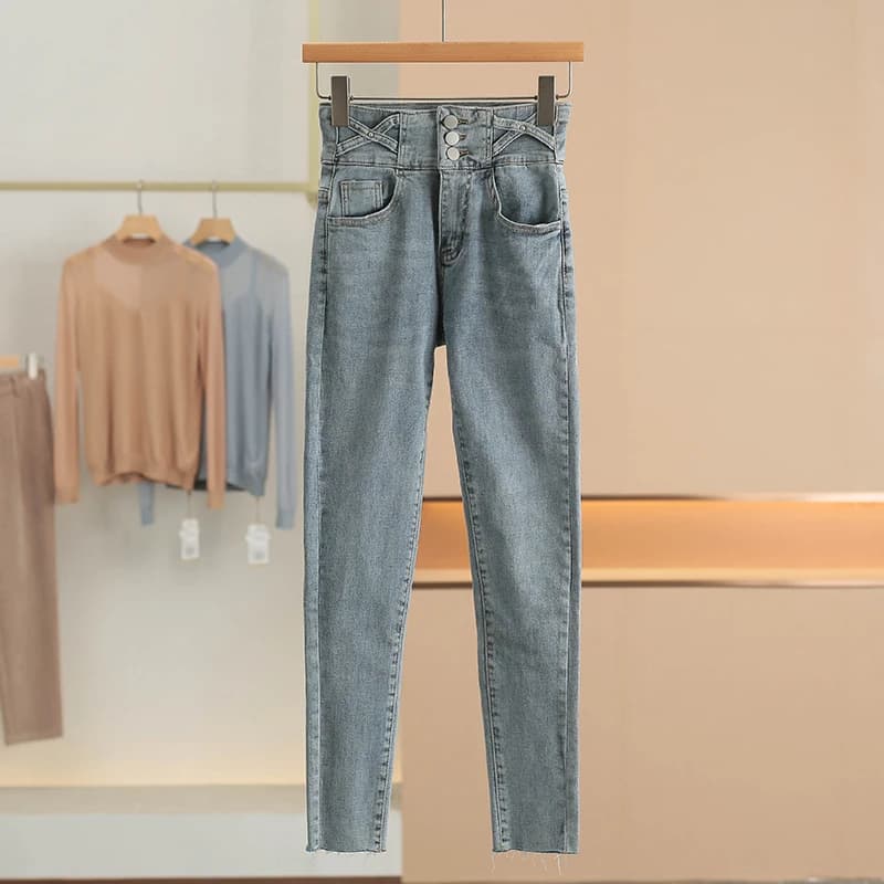 Jeans in Denim Lavato a Vita Alta, Slim Fit, Casual, con Orlo Sfilacciato, Micro Elastici, Nuova Moda Primaverile per Donne, in Tessuto di Cotone