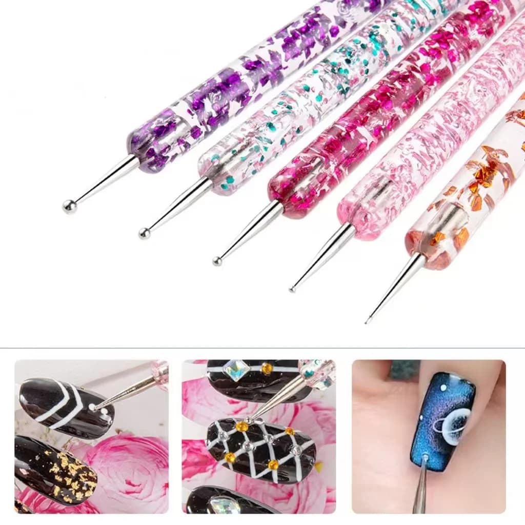 Set di 5 Penne per Nail Art a Doppia Punta con Manico Decorato con Strass, Pennelli per Disegno 3D e Gel UV, Kit per Decorazione Unghie