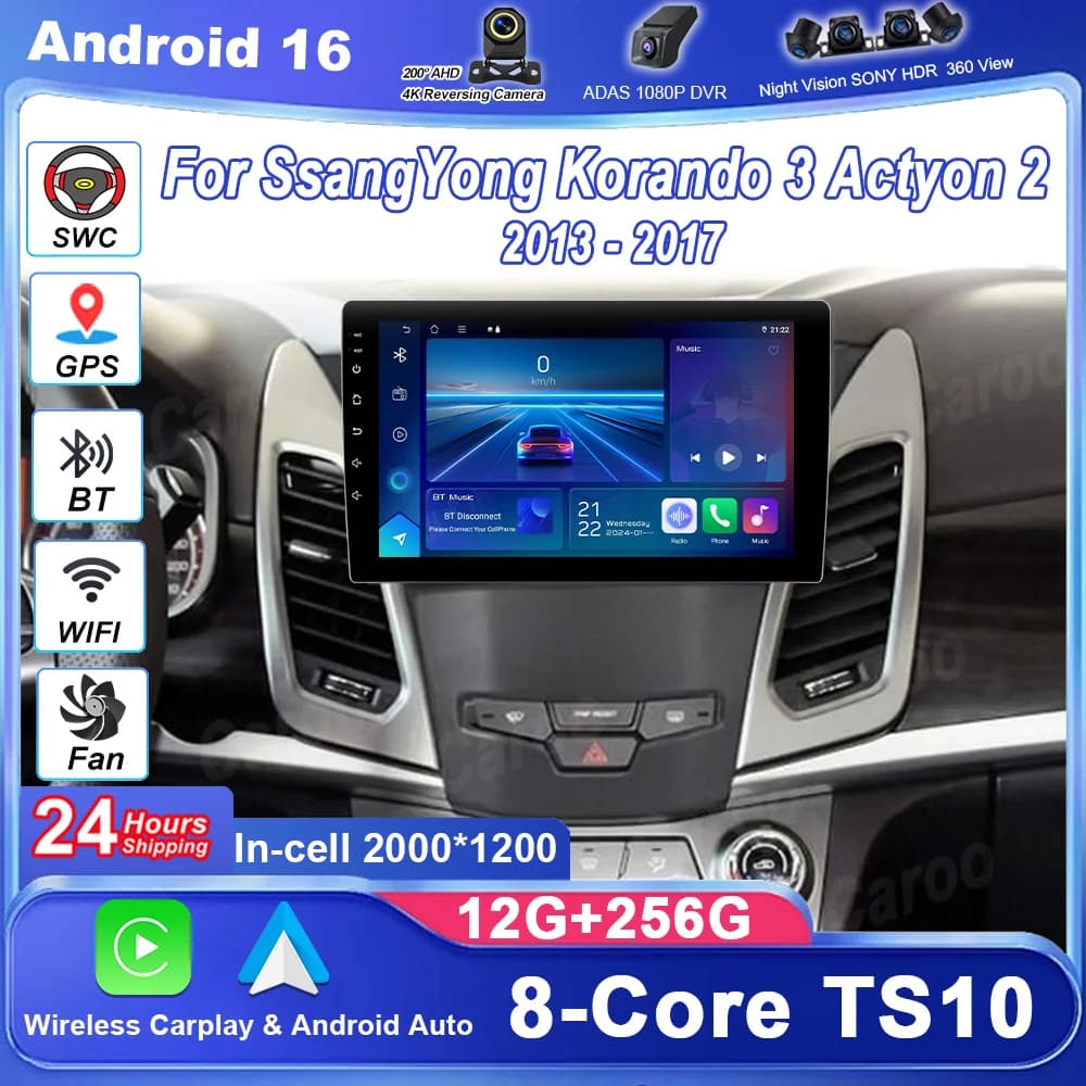 Android 16For SsangYong Korando 3 Actyon 2 2013 - 2017 Car Radio Stereo Wireless Carplay Multimedia Player GPS QLED Touch Screen