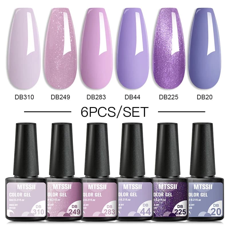 6 pz/set Glitter Viola Serie Gel Smalto Per Unghie Primavera Rosa Blu Verde Semplice Unghie Artistiche Vernice Gel Soak Off UV Gel Manicure Kit