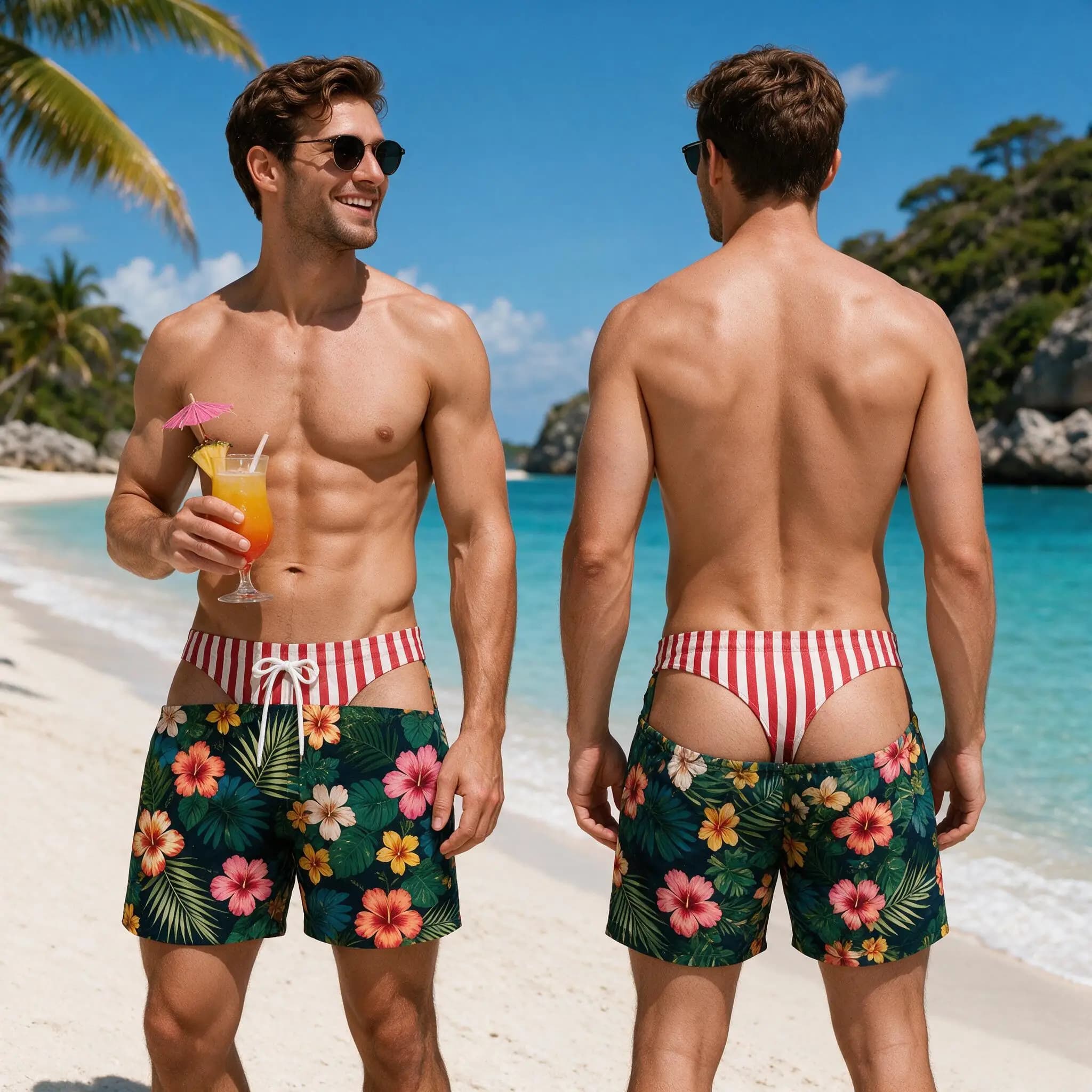 Men's Cut Out Beach Shorts 3D Tropical Pattern Summer Swim Trunks Funny Thong Bikini Gay Pride Hawaii Pool Party Board Shorts