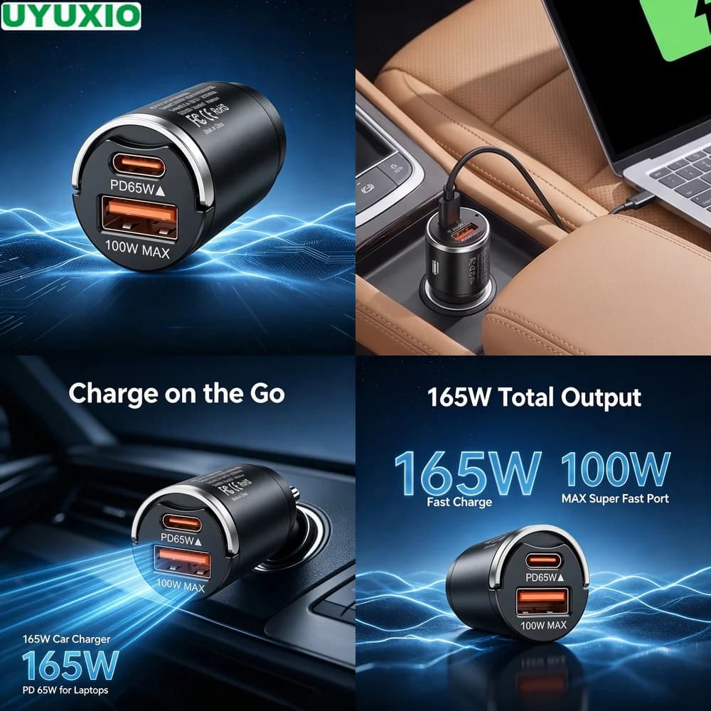 165W Flush Fit Car Charger Mini Zinc Alloy Space Saving Design with 65W USB C and 100W USB A Outputs for Multiple Mobile Devices