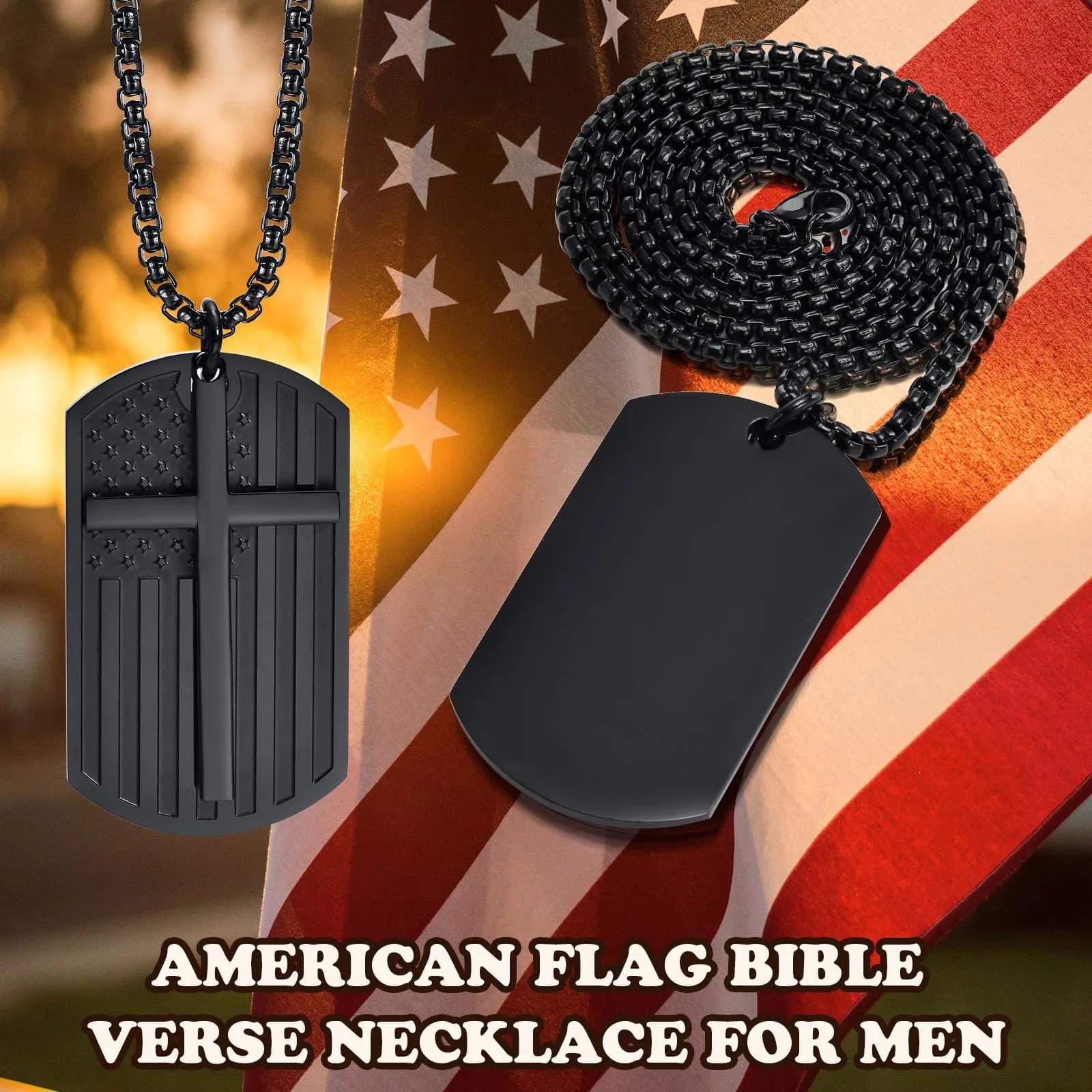Collane con croce nera da uomo, collare con ciondolo targhetta per cani con bandiera americana americana in acciaio inossidabile impermeabile, gioielli religiosi di fede maschile