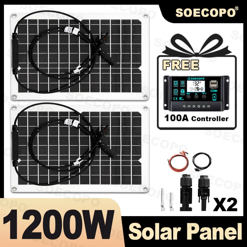 SOECOPO Kit pannello solare portatile da 1200 W Pannelli solari 2 * 600 W (MC-4 18 V) con controller 100 A gratuito e ricarica USB 5 V per il campeggio