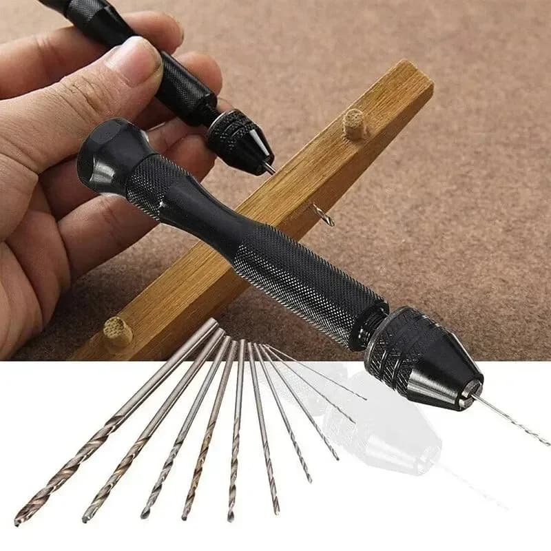 Mini Set di Utensili con Trapano Manuale Nero da 10 Pezzi per Forare il Legno, Attrezzi Rotanti per Forare il Legno