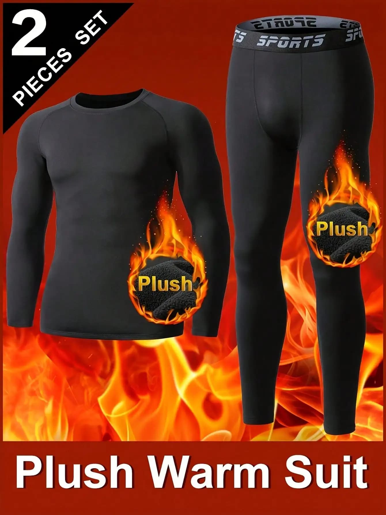 Set di biancheria intima termica da uomo in 2 pezzi con fodera in peluche - Top a maniche lunghe nero e leggings
