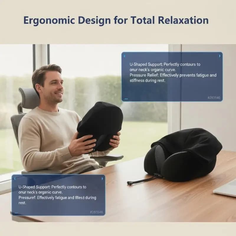 Memory Foam Travel Neck Pillow Soft Hooded Design Adjustable Strap Breathable Cover for Car Ride Long Flight