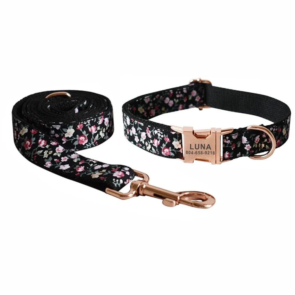 Collare per animali domestici con fiore nero personalizzato Etichetta identificativa per cuccioli di gatto Nome personalizzato regolabile Fibbia in oro rosa Guinzaglio per collari per cani di base arancione