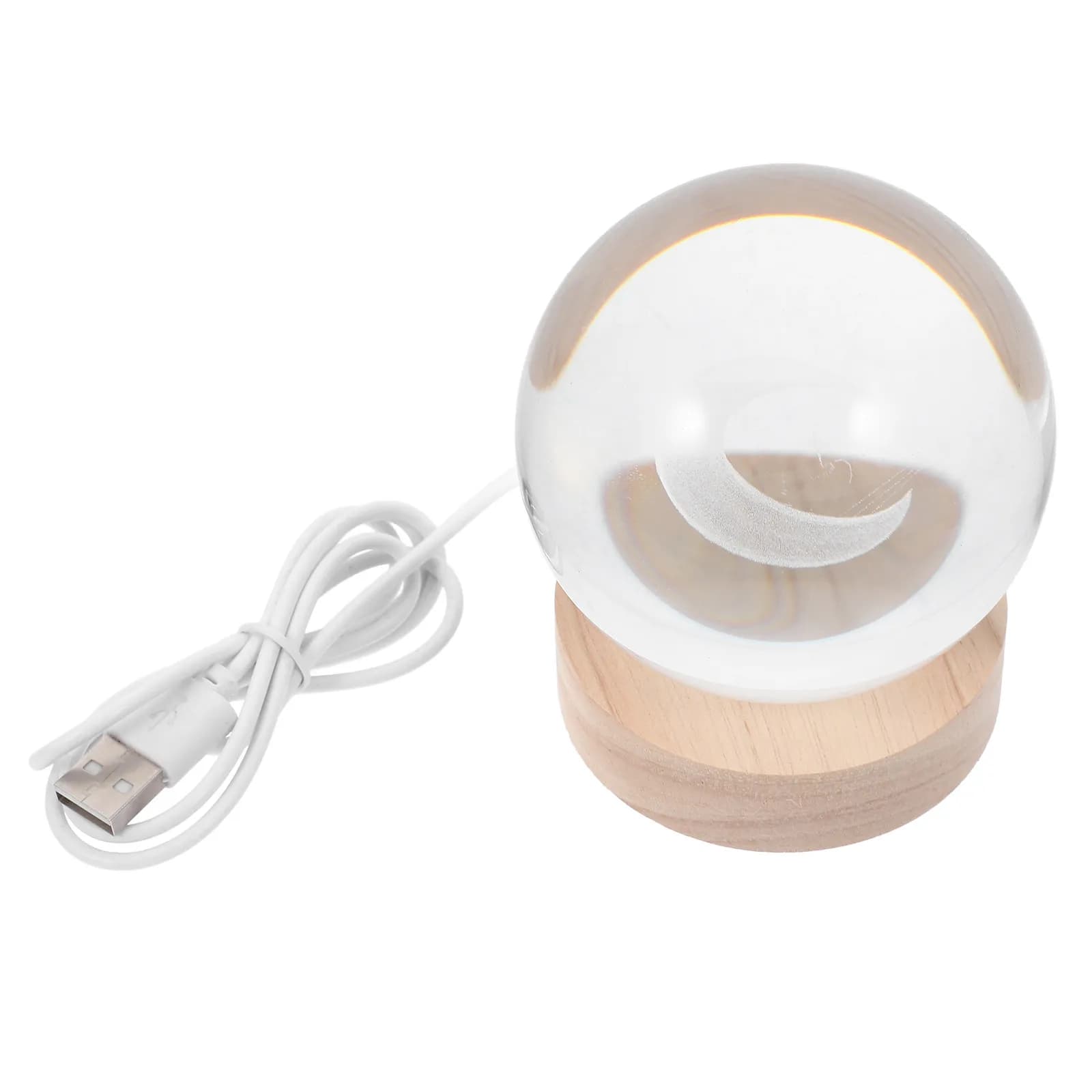 3D Engraved Moon Crystal Ball Night Light USB Powered Wooden Base LED Color Changing Lamp for Bedroom Living Room Desk Decor