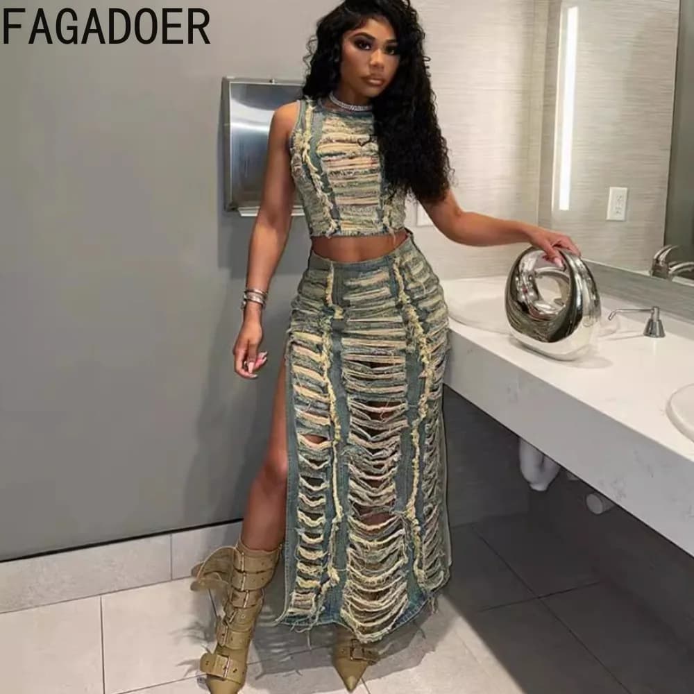 FAGADOER Fashion Streetwear donna Denim Hole Hollow senza maniche Crop Top e gonne a fessura laterale set di due pezzi abiti da Cowboy Sexy