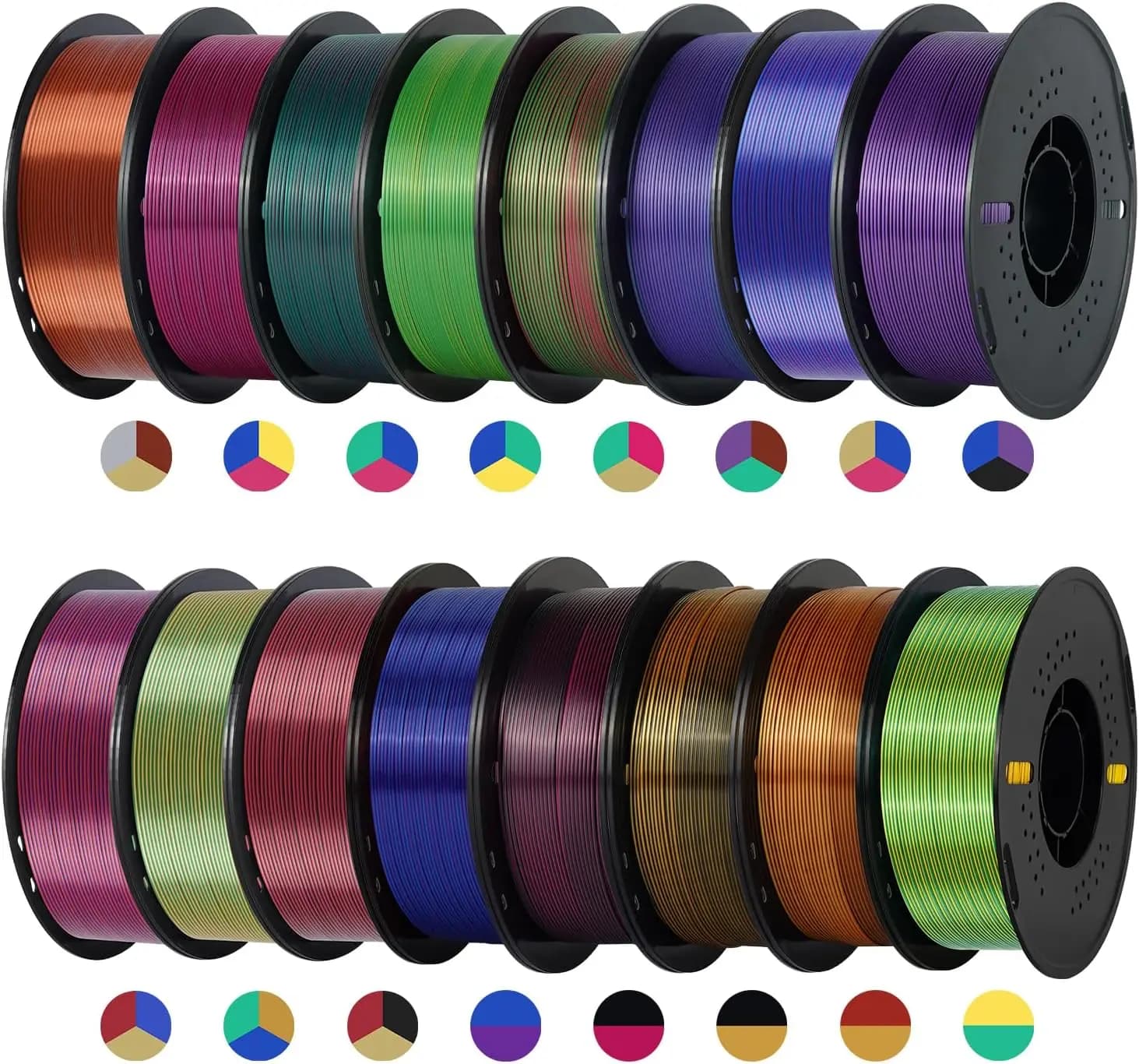 16KG Silk PLA Filament Bundle 1.75mm, Dual and Tri Color 3D Printer Multicolor Filament, 16x1 kg Spools, High Precision +/- 0.02
