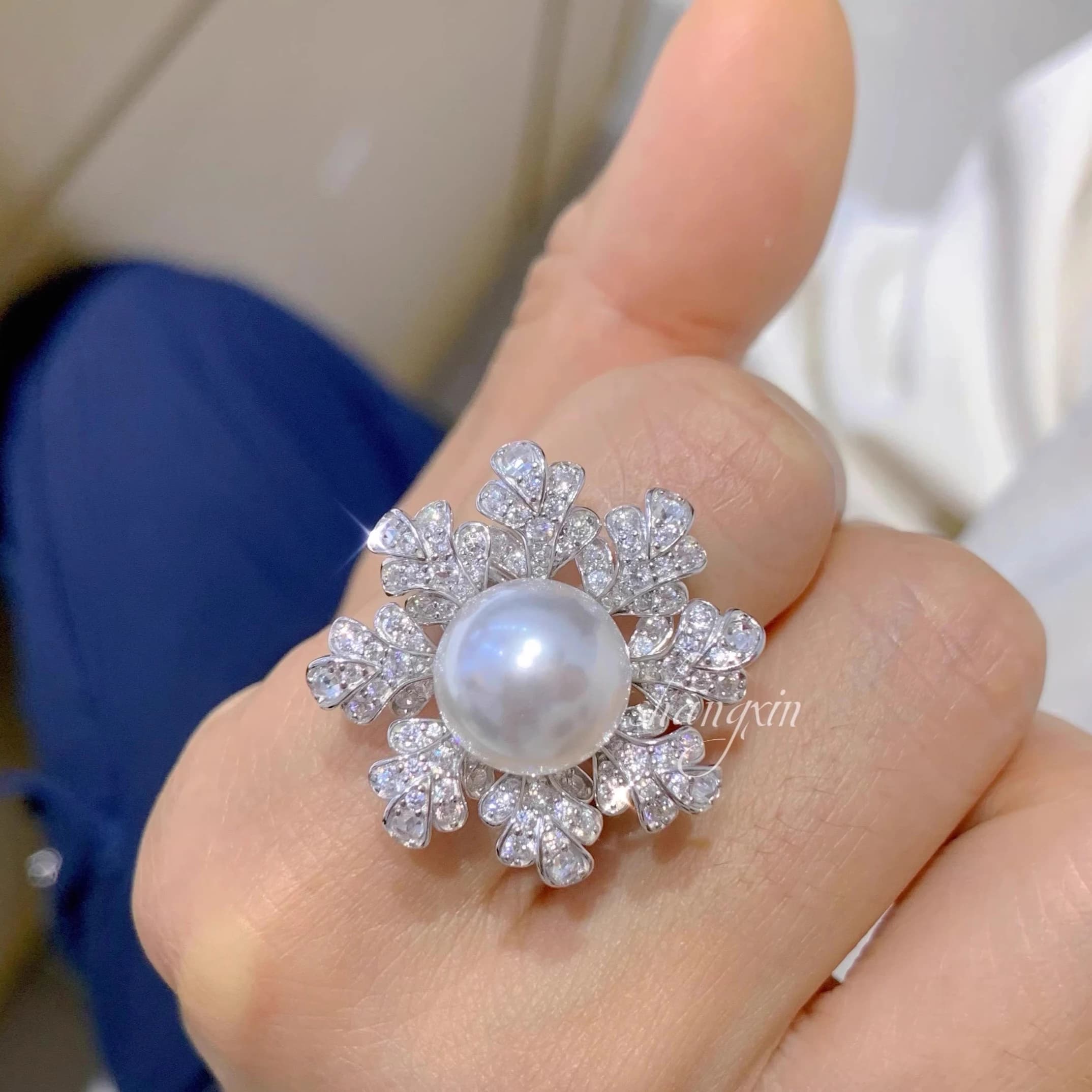 MeiBaPJ 9-10mm Natural Round White Pearls Fashion Flower Ring DIY Silver 925 Set Fine Wedding Jewelry for Women