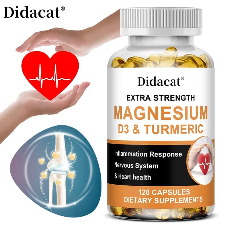 Magnesium and vitamin D3 with turmeric, food supplement for the daily support of well-being, nervous systems, bones, immune functions
