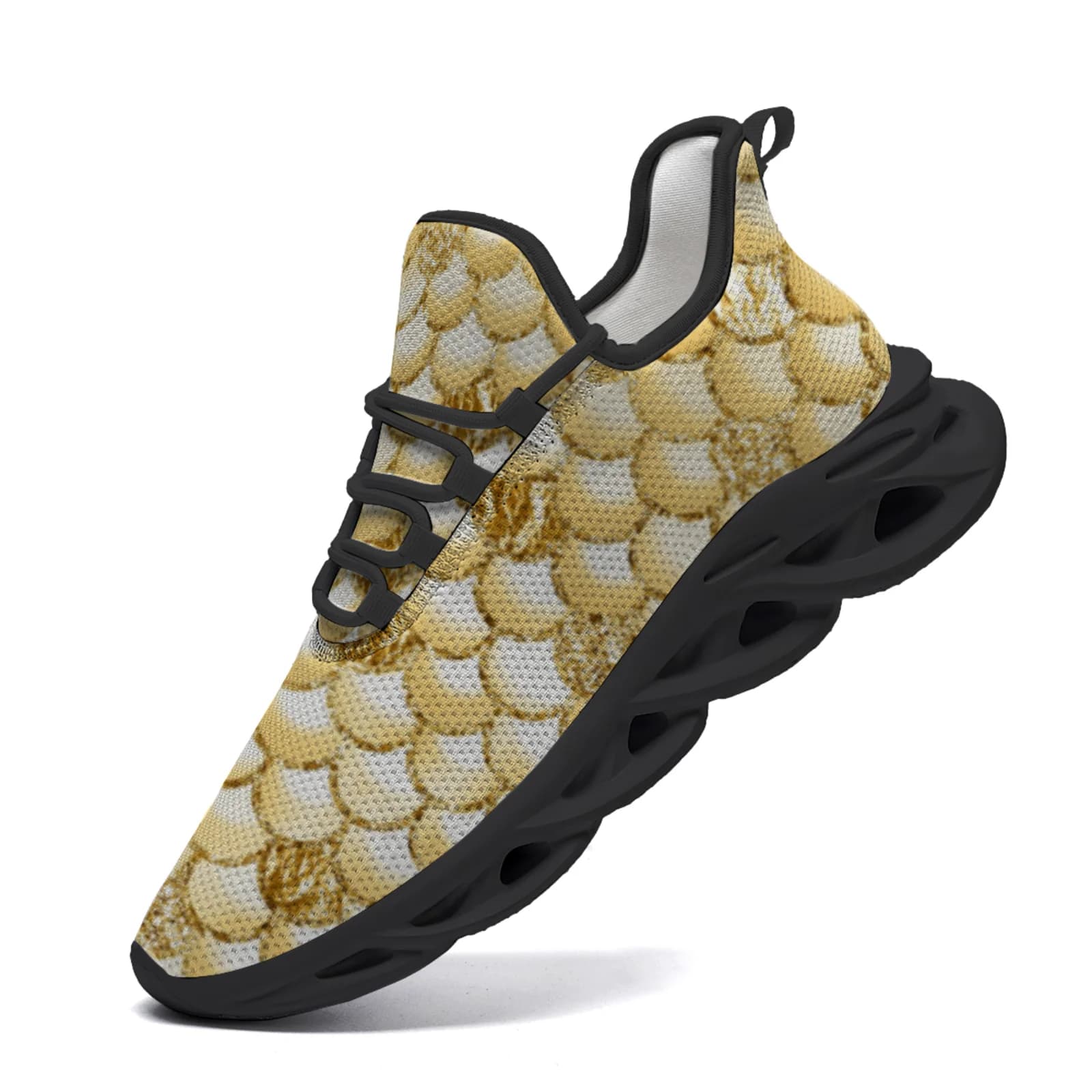 Men's and women's casual shoes with golden fish scale print, walking and light running shoes, mesh laces
