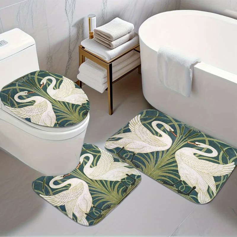 Set da bagno 3 pezzi White Swan – Elegante design con piume, copriwater in flanella, tappetino a U e tappeto da pavimento, morbido arredo bagno antiscivolo