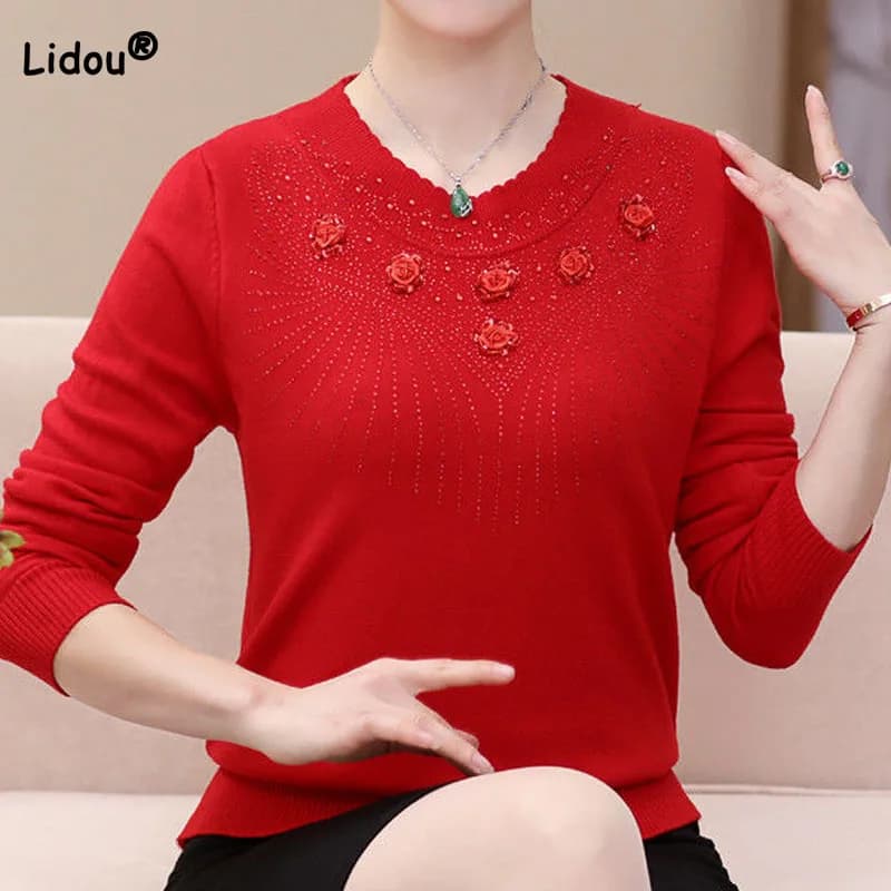 Moda elegante diamanti maglioni solidi autunno inverno abbigliamento donna coreano Casual girocollo manica lunga pullover lavorati a maglia