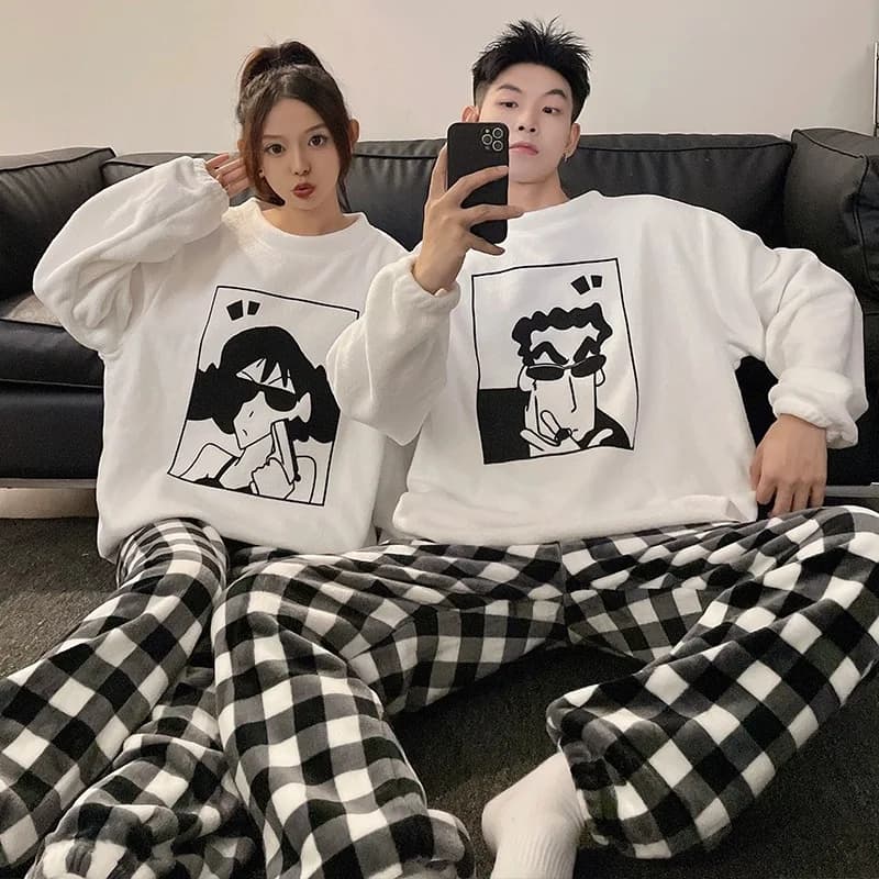 Kawaii Crayon Shin-Chan Coppia Pigiama Set Nuovi Uomini/Donne Moda Casual Pigiama Peluche Corallo Pile Inverno Cartoon Homeclothes