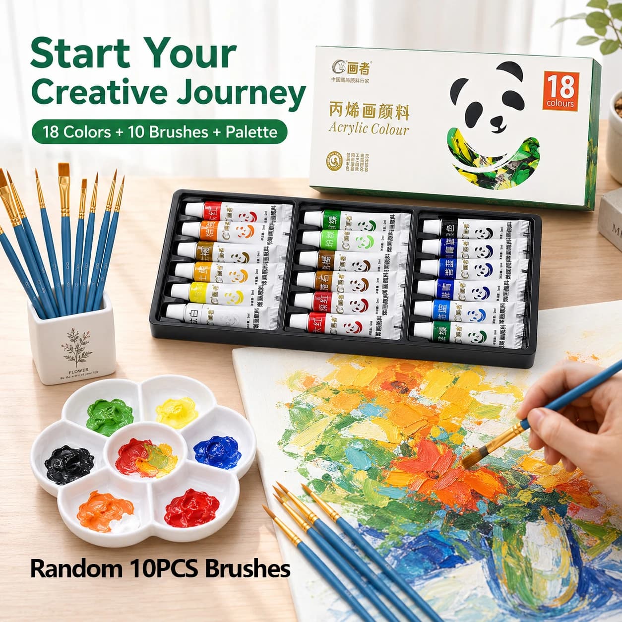 Acrylic Paint Set 18 Colors 5ml/0.17oz Acrylic Pigments with Random 10pcs Brushes and Palette for DlY Craft, Drawing, Painting