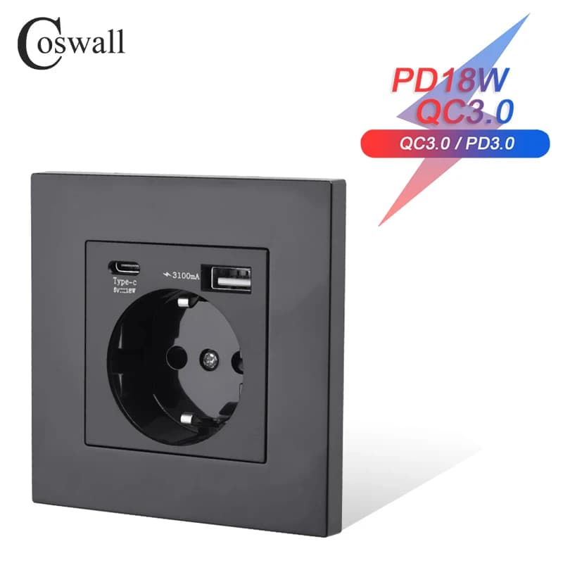 COSWALL Presa di corrente a muro UE con messa a terra, pannello in plastica nera con caricabatterie rapido doppio USB DC 5V 3A QC 3.0 da 18 W tipo A e C