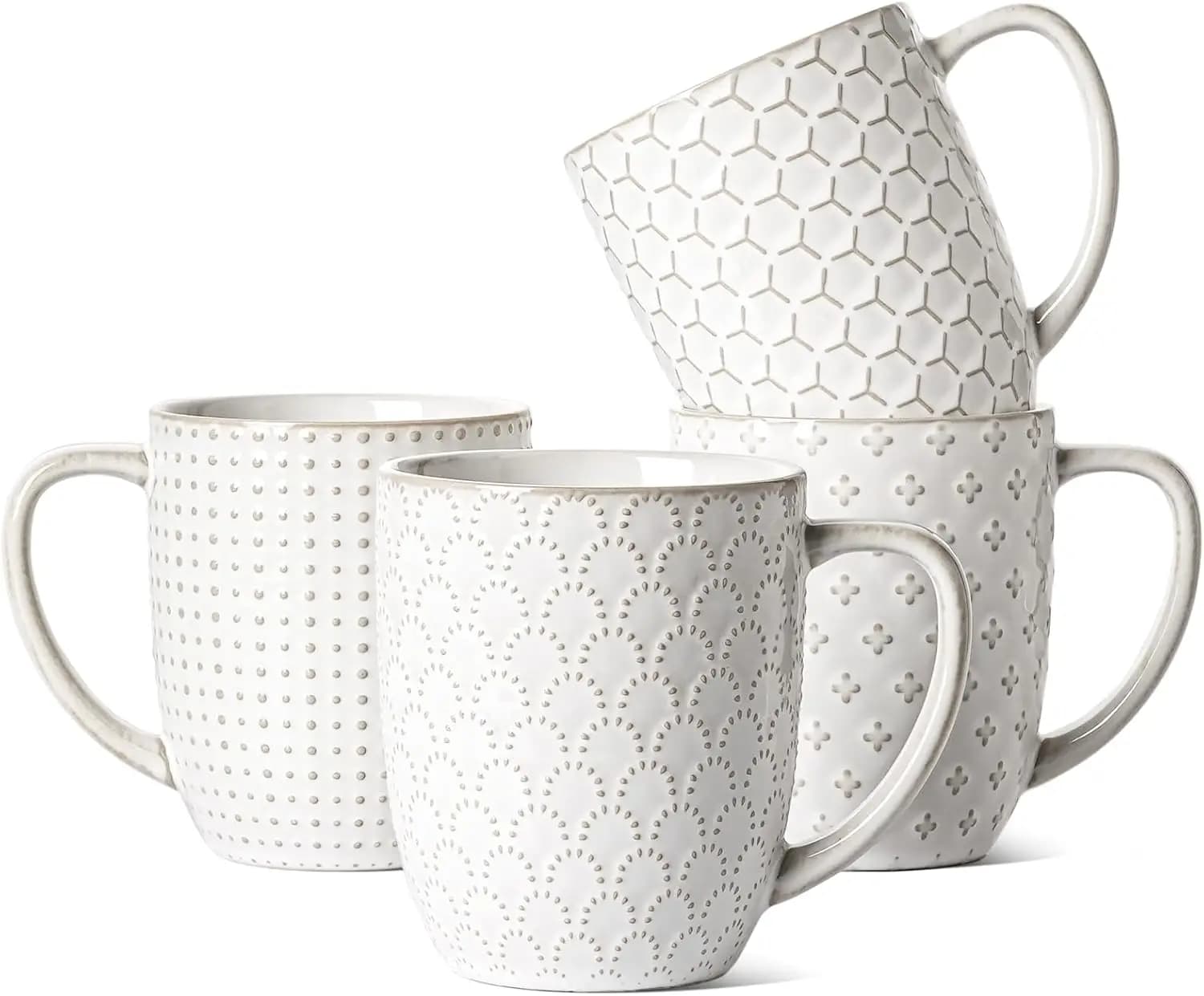 Set of 4 16 ounce ceramic cups, embossed for milk tea, cappuccino, washable in Arctic white dishwasher