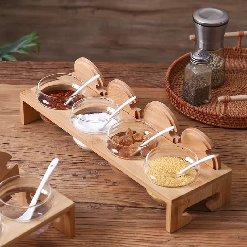 Set di barattoli di spezie in vetro ermetico da 6 pezzi con portaoggetti in legno, contenitori da cucina per espositore da appoggio per dispensa