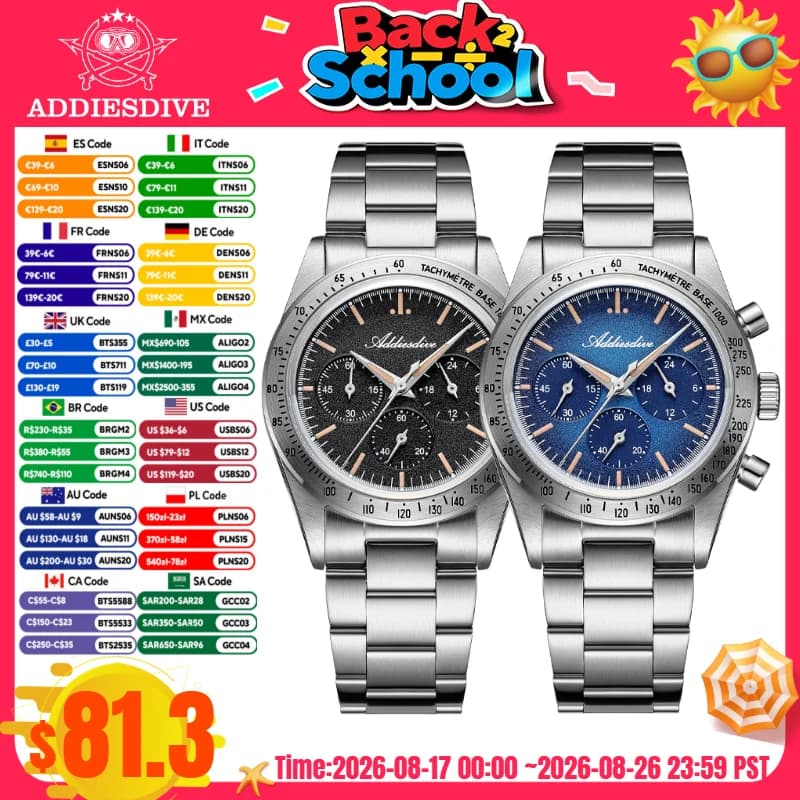 ADDIESDIVE 37mm Men Watch 10Bar Waterproof AD2552 316L Stainless Steel 0S20 C3 Vintage Luminous Luxury Chronograph Quartz Watch