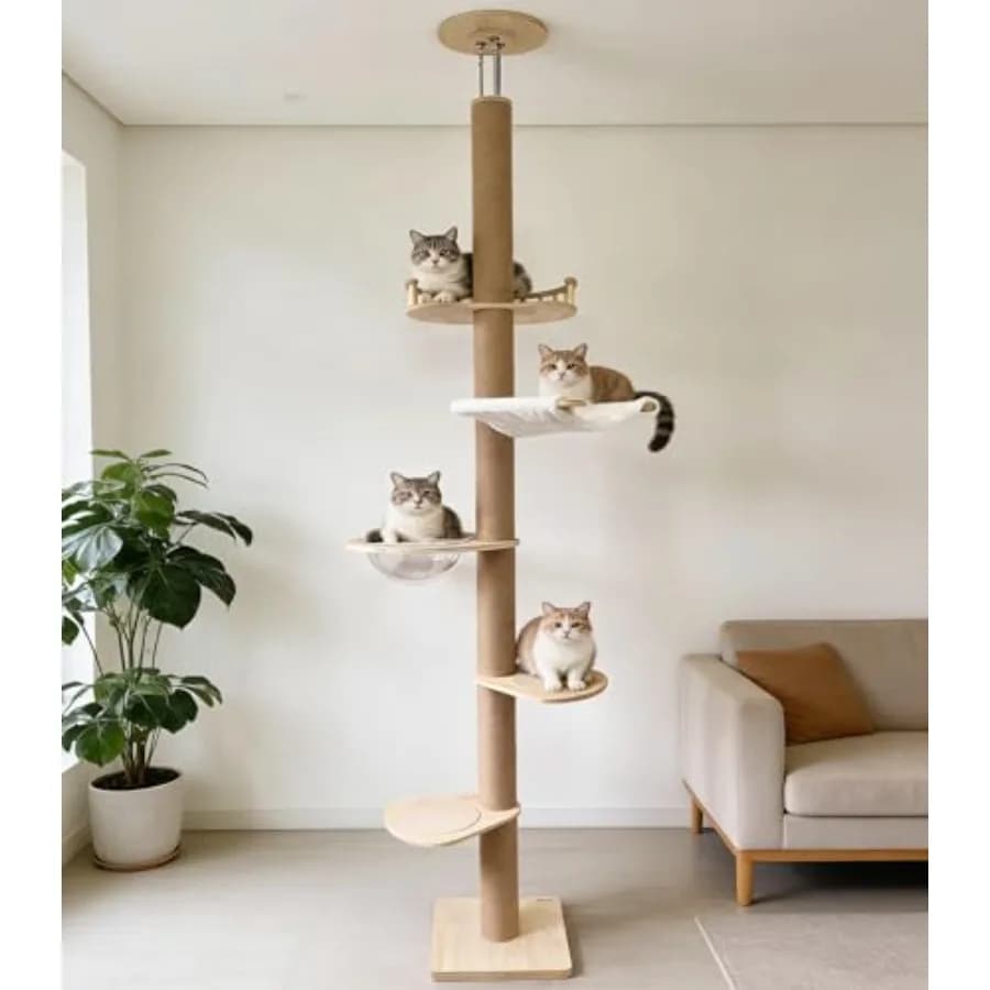 Torre per gatti da pavimento a soffitto con piantana in corda di sisal, altezza regolabile 82-117 pollici, albero arrampicabile a 5 livelli per gatti