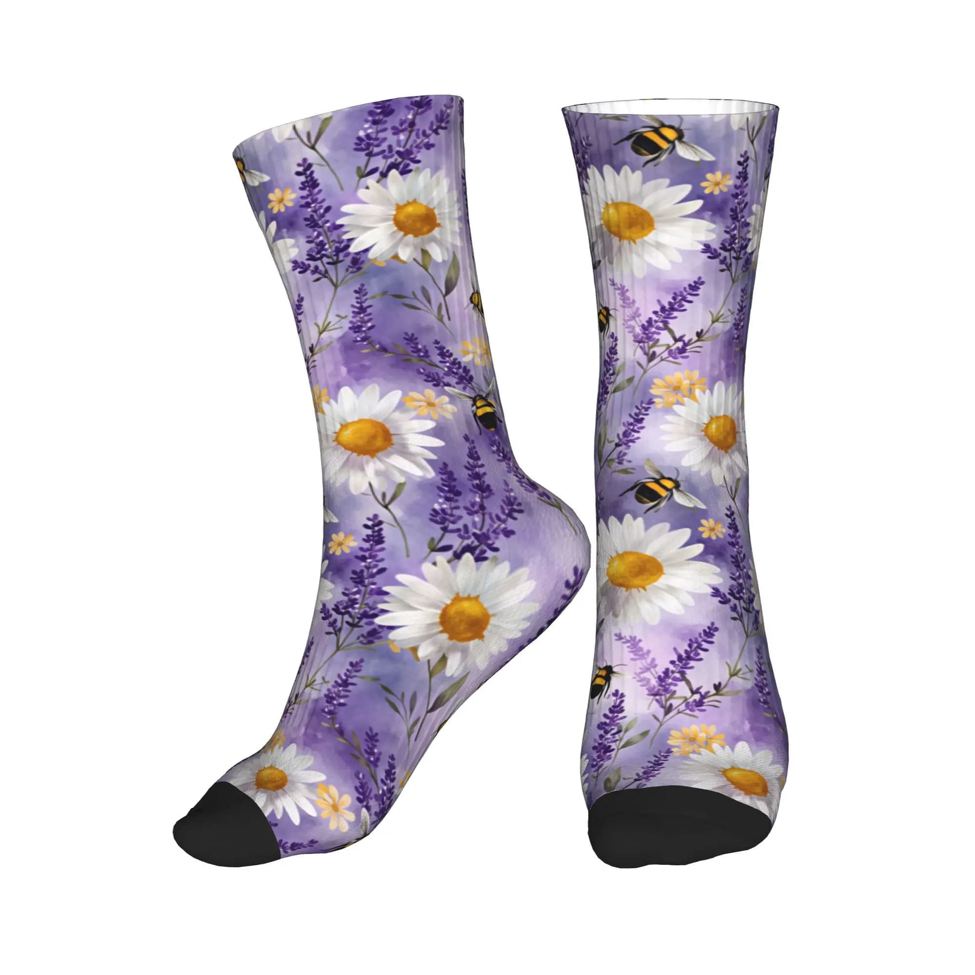 Harajuku Bee Lavender Daisy Watercolor Socks Women Men Warm 3D Printed Sports Basketball Socks