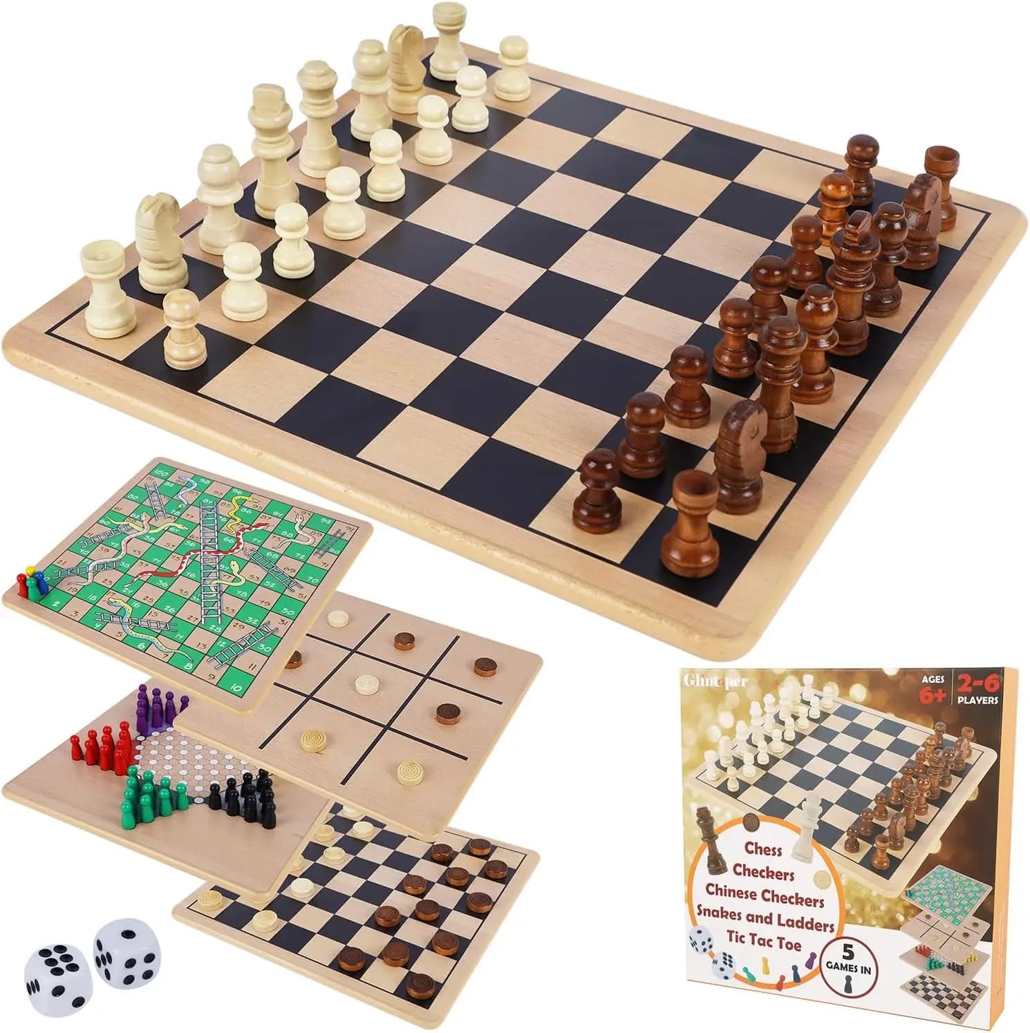 Set di Giochi da Tavolo in Legno 5-in-1 per Famiglia: Scacchi, Dama, Dama Cinese, Serpenti e Scale, Tris