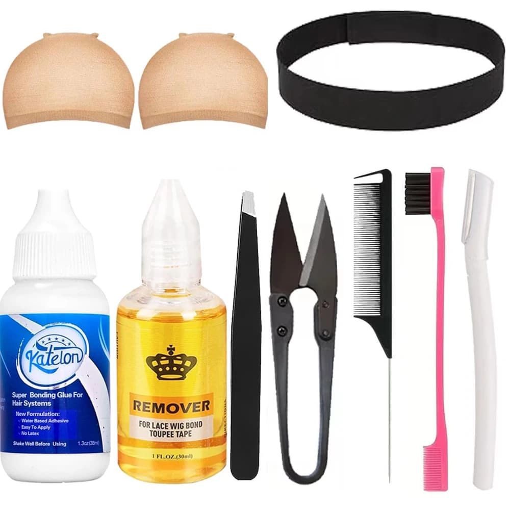Installation kit for lace wig, wig installation kit for beginners, HD wig headset, waterproof lace glue, edge brush, melt elastic band, tweezers, comb