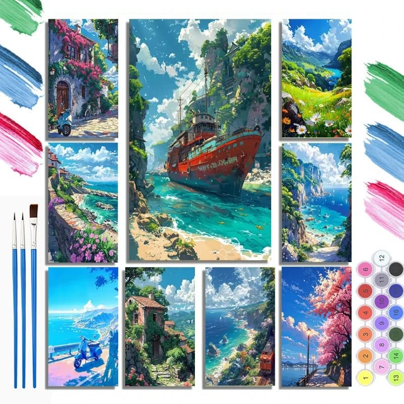 DIY Oil Painting By Numbers Kit Fresh and Healing Seaside Town Paint By Numbers Diy Numbers Painting Art On Canvas By Numbers