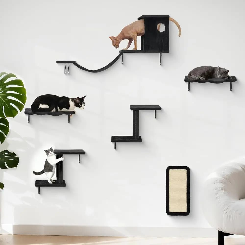 Mobili per Gatti Multifunzionali da Parete con Tiragraffi, Cuccia, Postazione, Ponte, Casetta, Gradini e Tiragraffi in Nero