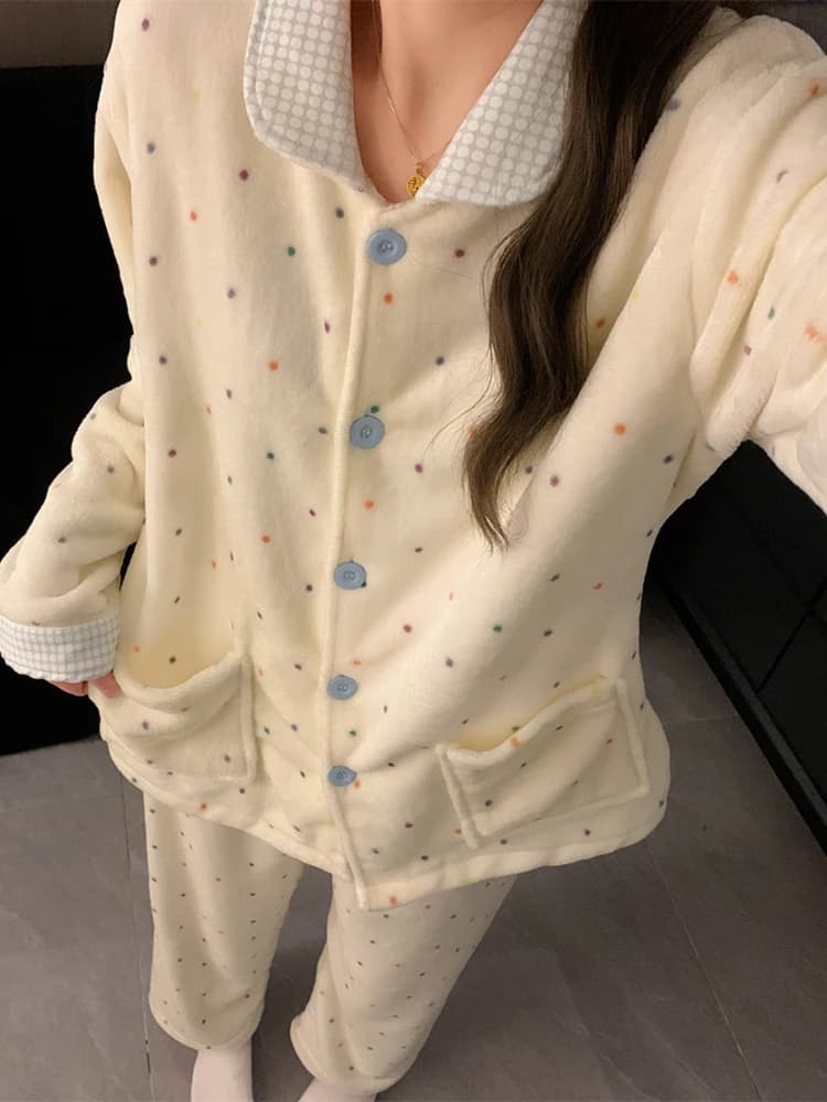 Thickened Coral Fleece Pajamas Women's Style Autumn Winter Warm Cute Plaid Flannel Home Clothes Sweet Cute Print Long Sleeve ...