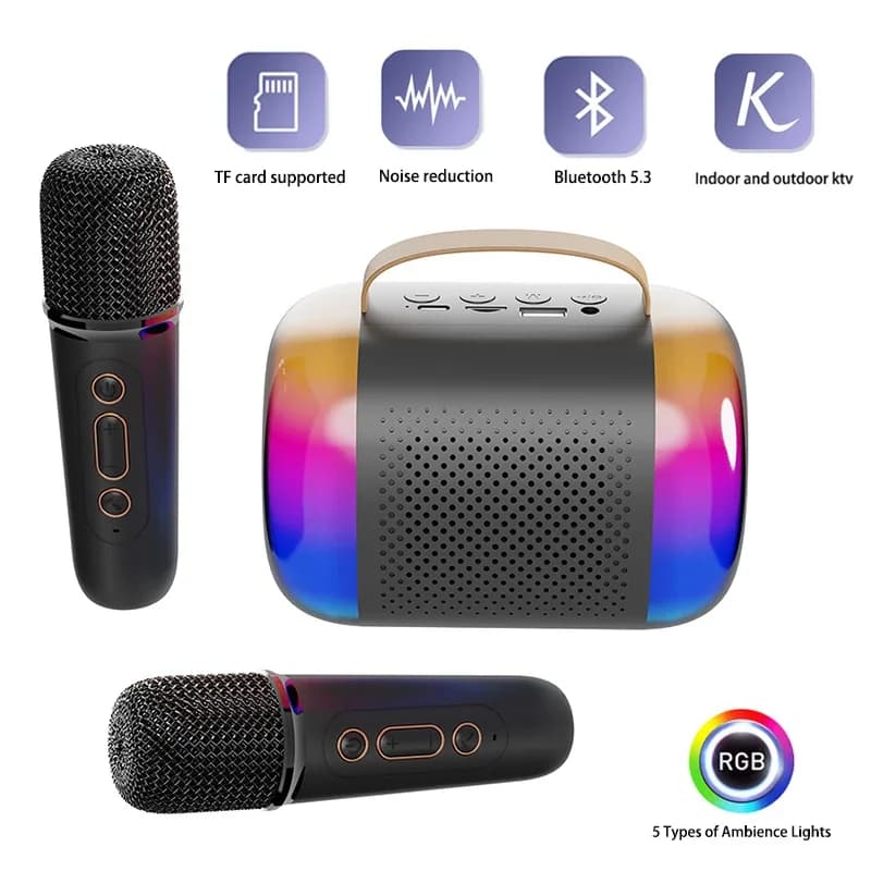 New Mini Microphone Speaker For Karaoke Portable Wireless Bluetooth Speaker Two Microphones Kids Bluetooth Karaoke