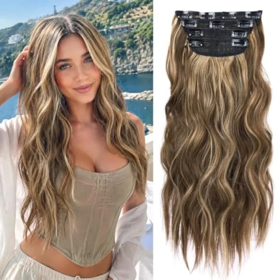 4PCS Clip in Hair Extensions Honey Blonde Mixed Light Brown 20 Inch Long Wavy Synthetic Hair Extensions 4pcs, 20Inch, 22H10#