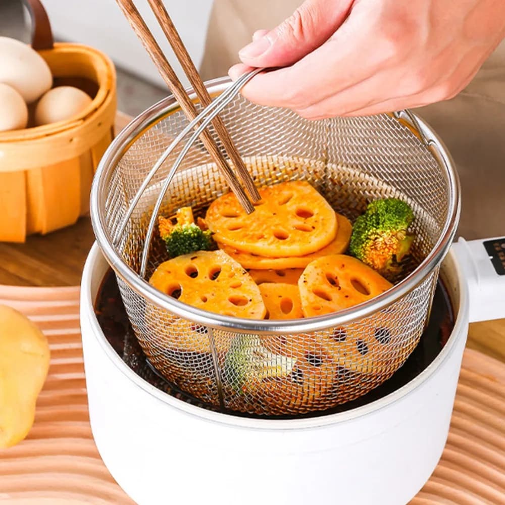 Cestello per Cottura a Vapore in Acciaio Inox 20x21cm con Manici Pieghevoli, Cestello per Frittura Resistente al Calore, Inserto a Rete per Friggitrice ad Aria