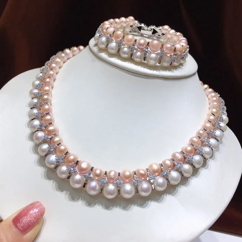 Fashion Natural 8-9mm Pink/White Pearl Short Clavicle Necklace Bracelet Set