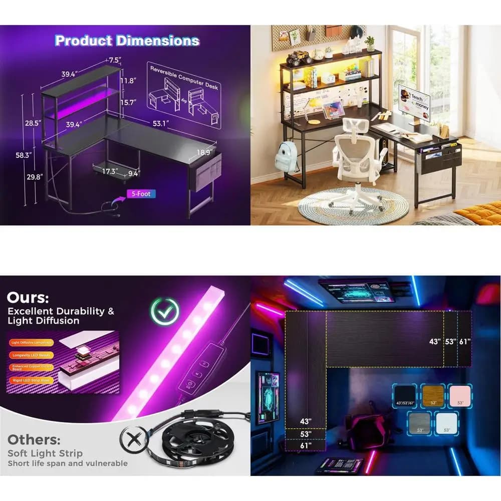Scrivania da Gaming a L da 53 Pollici con Luce LED, Presa di Corrente, Ripiano Portaoggetti e Borsa, Ideale per Casa o Ufficio, Nera
