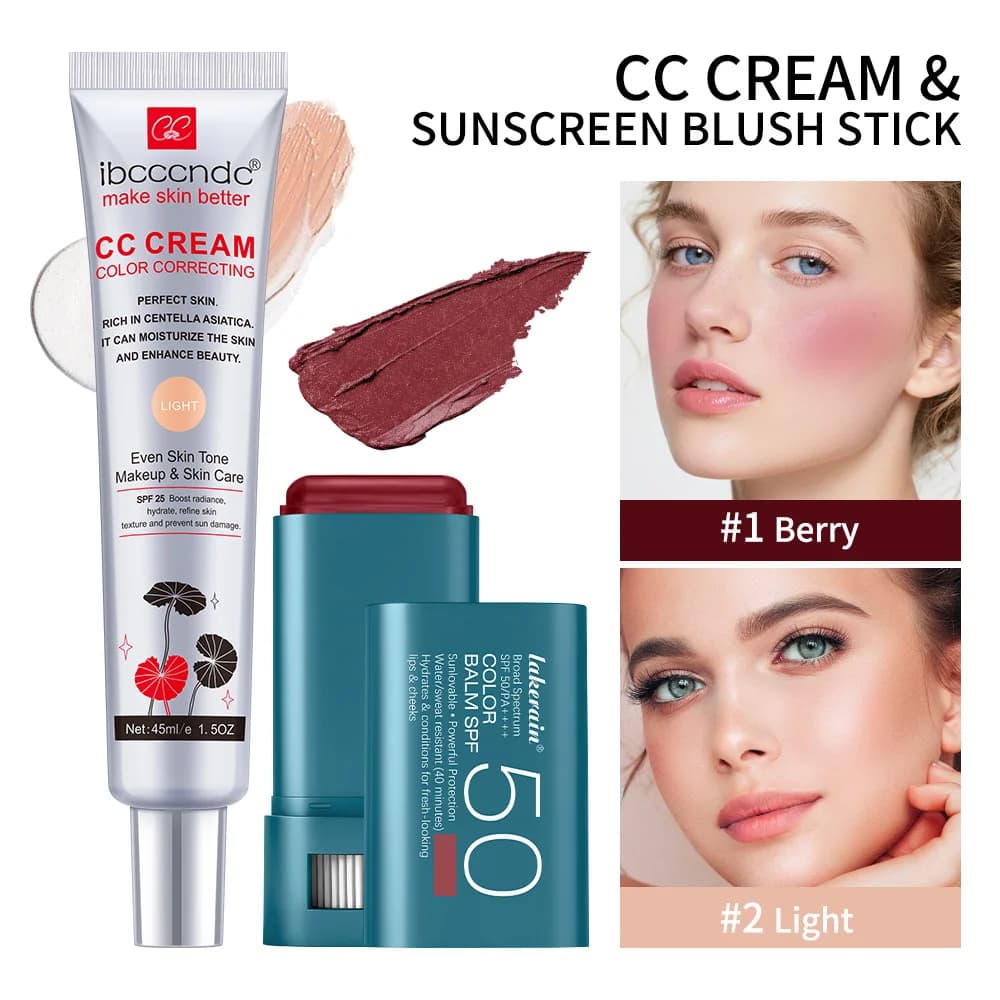 2 pezzi/set CC Cream Correttore di Colore e Stick Blush con Protezione Solare, Lunga Durata, Impermeabile, Finitura Naturale, Trucco Viso, Cosmetico Coreano