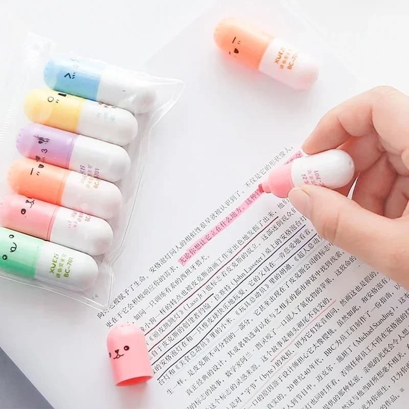 Confezione da 6 Mini Evidenziatori a Forma di Pillola, Penne per Disegno, Articoli di Cancelleria per Scuola e Ufficio, per Bambini e Studenti