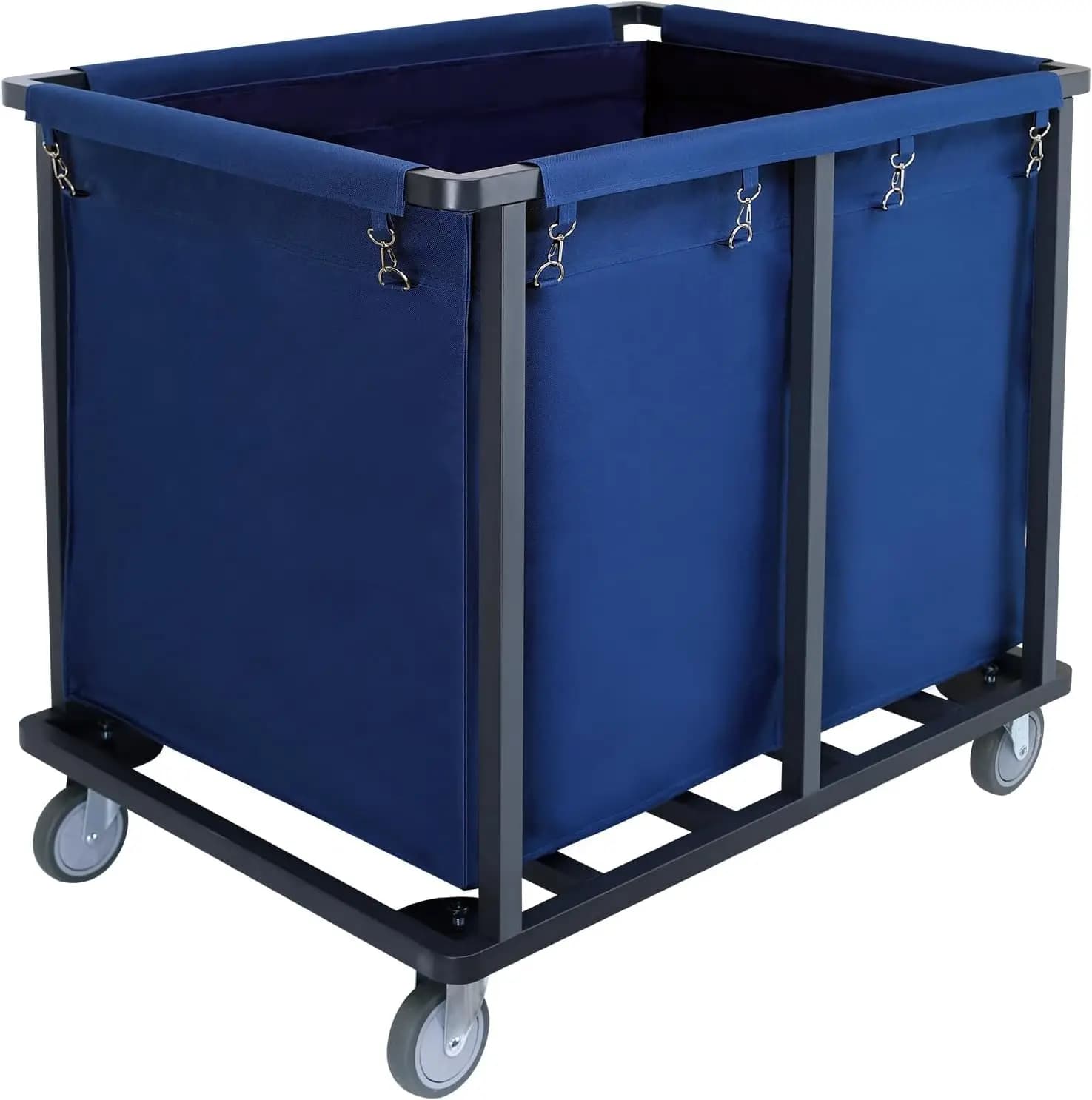 Blue Heavy Duty Rolling Industrial Laundry Cart 600LBS Capacity Steel Frame with Oxford Cloth Bag Wheeled Commercial Laundry Trolley for Hotel Housekeeping