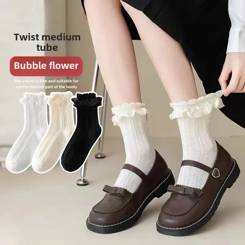 3pairs Mid-tube Solid Lace Bow Ruffle Socks Kawaii Lolita Short Socks Cotton Socks JK Japanese Lacework Stockings Women's Stockings
