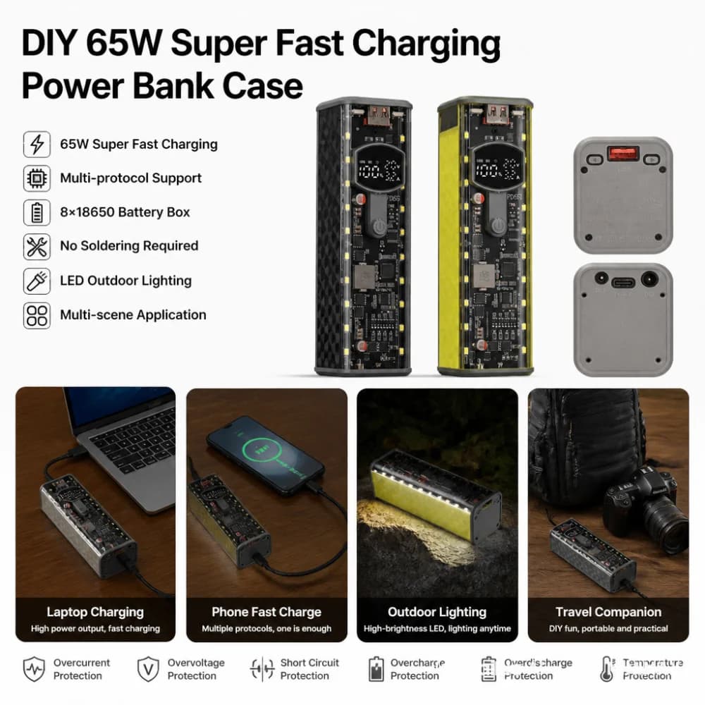 PD 65W/45W/20W Super Fast Charging Power Bank DIY module Shell With Built-in Charging Cable DIY Battery Box place8-Cell Pack
