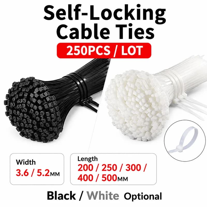 Self Locking Nylon Cable Ties 250 500PCS White Black Zip Ties 3.6mm Width 200-500mm Wire Organizer Industrial Fastener Kit Bulk