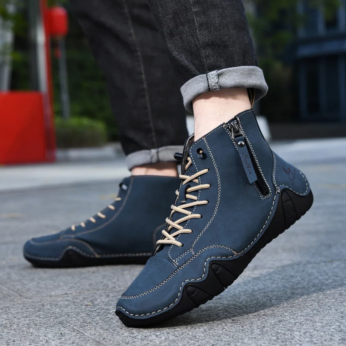 Fashion Side Zipper Boots High-Top Casual Shoes Spring Men's Hand-Stitched Vintage Boots Autumn Bare Outdoor Hiking Sneakers