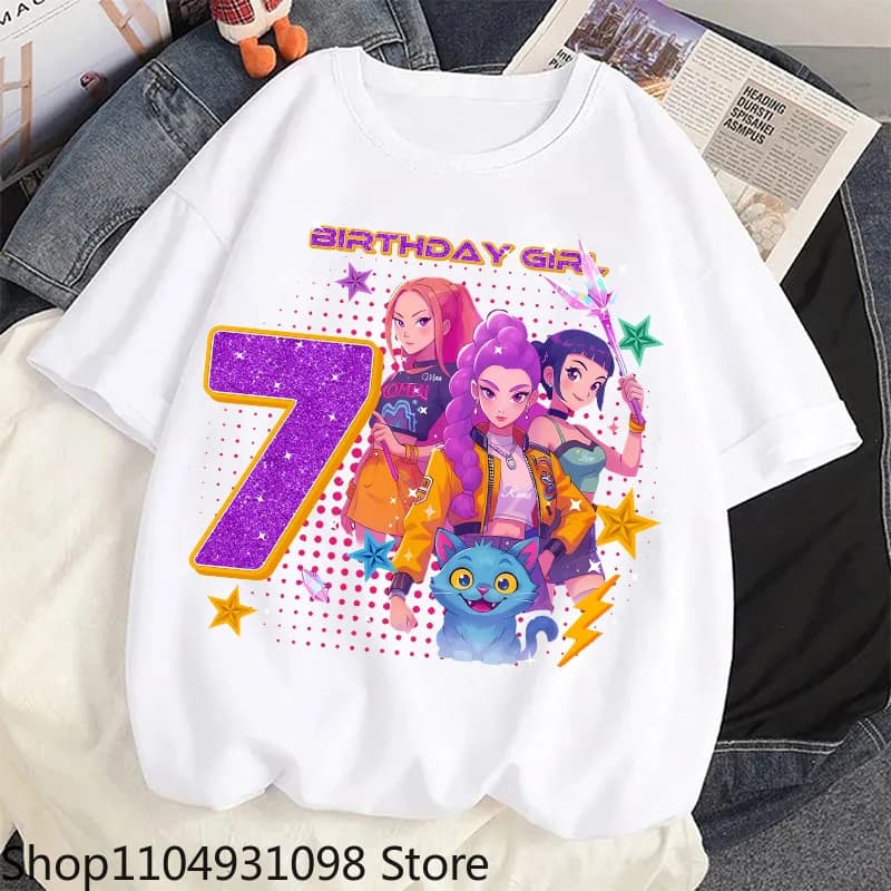 Nuova maglietta K Pop Demon Huntersd per bambini, maglietta stampata con numero di compleanno, maglietta a maniche corte per ragazze, abbigliamento per bambini