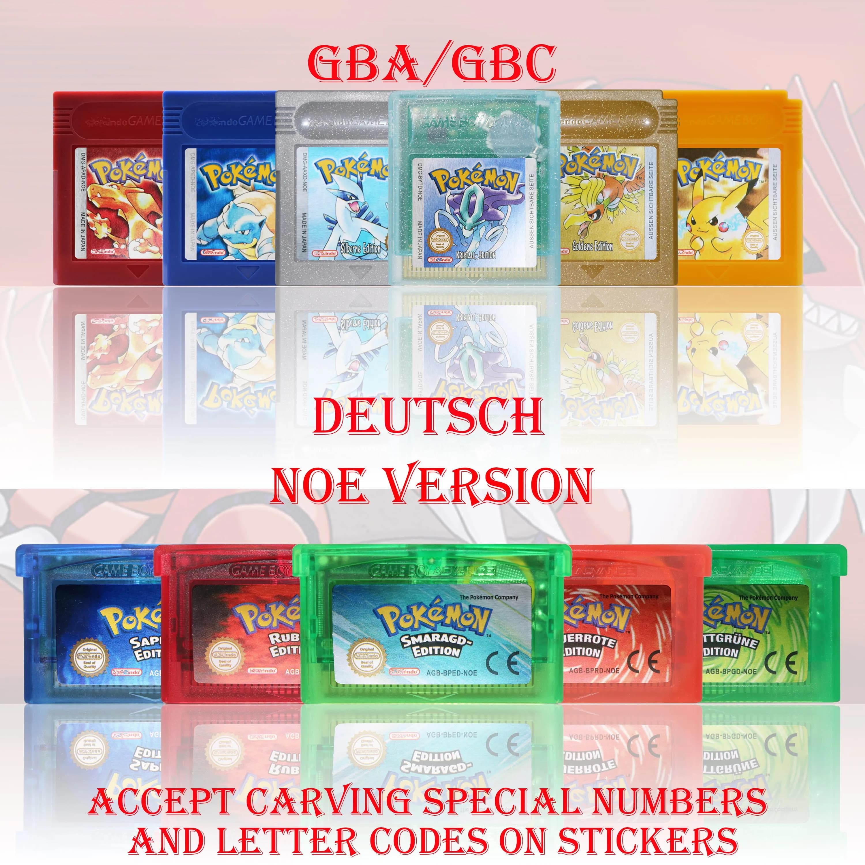 Cartuccia di gioco GBC/GBA versione NOE Pokemon Kristall/Smaragd/Feuerrote/Blattgrune/Rubin, scheda di gioco di alta qualità con batteria